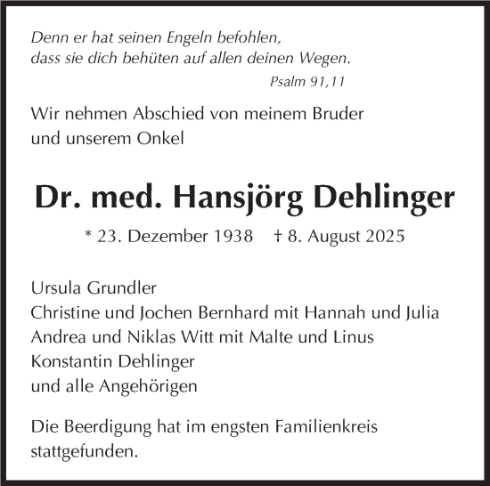 Traueranzeige von Hansjörg Dehlinger von Stuttgarter Zeitung / Stuttgarter Nachrichten