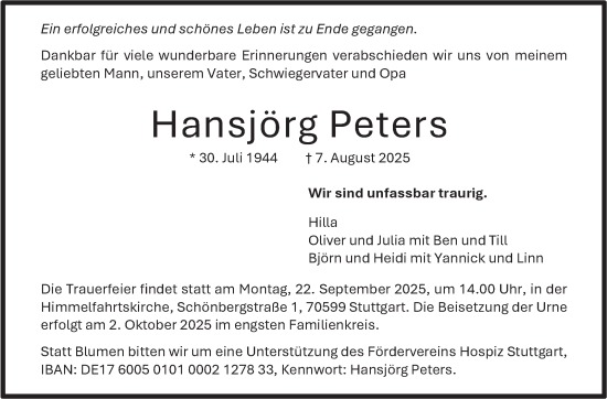 Traueranzeige von Hansjörg Peters von Stuttgarter Zeitung / Stuttgarter Nachrichten