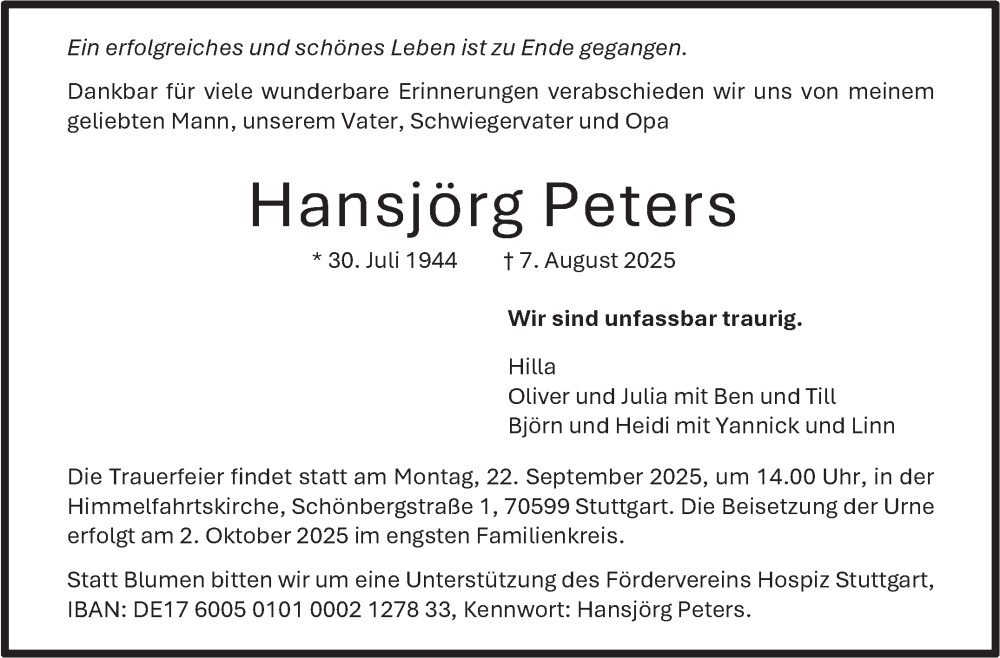  Traueranzeige für Hansjörg Peters vom 23.08.2025 aus Stuttgarter Zeitung / Stuttgarter Nachrichten