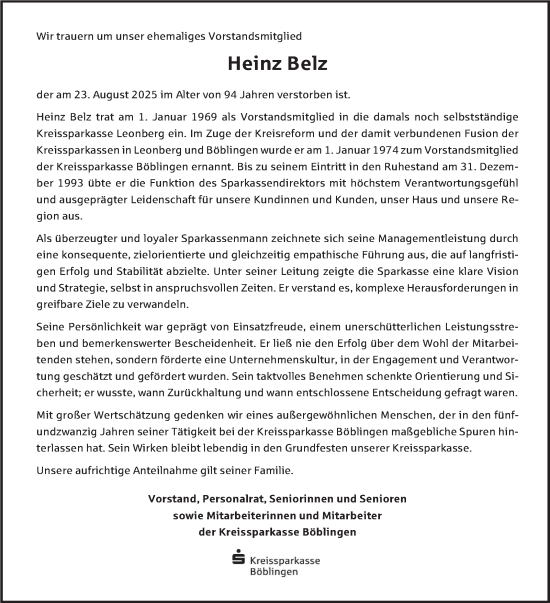 Traueranzeige von Heinz Belz von Stuttgarter Zeitung / Stuttgarter Nachrichten