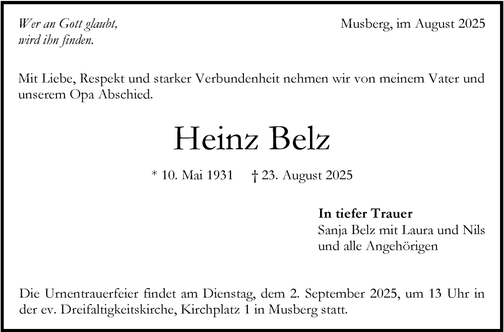  Traueranzeige für Heinz Belz vom 29.08.2025 aus Stuttgarter Zeitung / Stuttgarter Nachrichten
