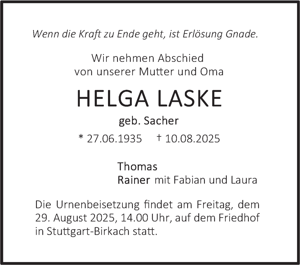  Traueranzeige für Helga Laske vom 23.08.2025 aus Stuttgarter Zeitung / Stuttgarter Nachrichten