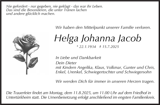 Traueranzeige von Helga Johanna Jacob von Stuttgarter Zeitung / Stuttgarter Nachrichten