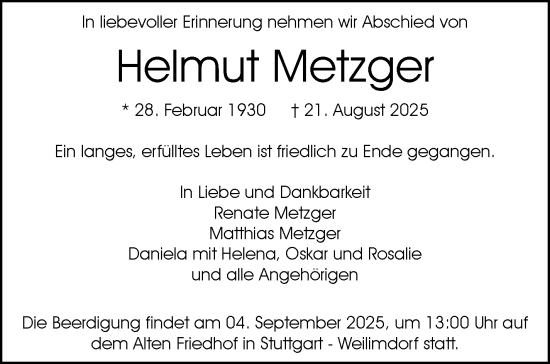 Traueranzeige von Helmut Metzger von Stuttgarter Zeitung / Stuttgarter Nachrichten