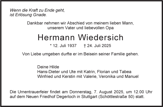Traueranzeige von Hermann Wiedersich von Stuttgarter Zeitung / Stuttgarter Nachrichten