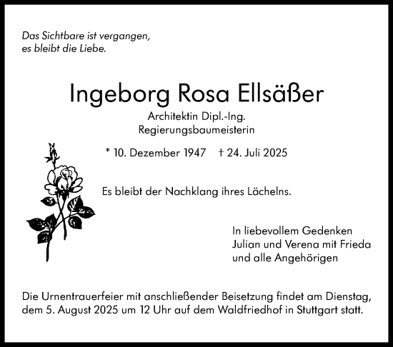 Traueranzeige von Ingeborg Rosa Ellsäßer von Stuttgarter Zeitung / Stuttgarter Nachrichten