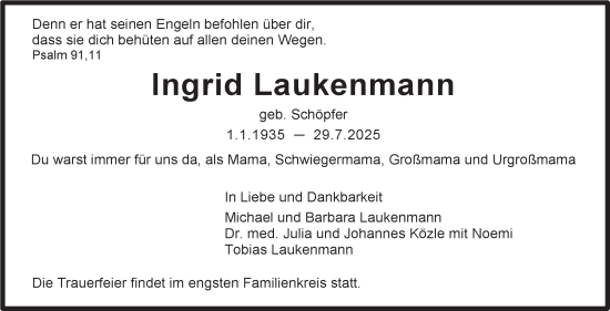 Traueranzeige von Ingrid Laukenmann von Stuttgarter Zeitung / Stuttgarter Nachrichten