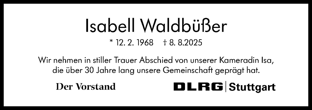  Traueranzeige für Isabell Waldbüßer vom 28.08.2025 aus Stuttgarter Zeitung / Stuttgarter Nachrichten