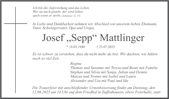 Traueranzeige von Josef Mattlinger von Stuttgarter Zeitung / Stuttgarter Nachrichten