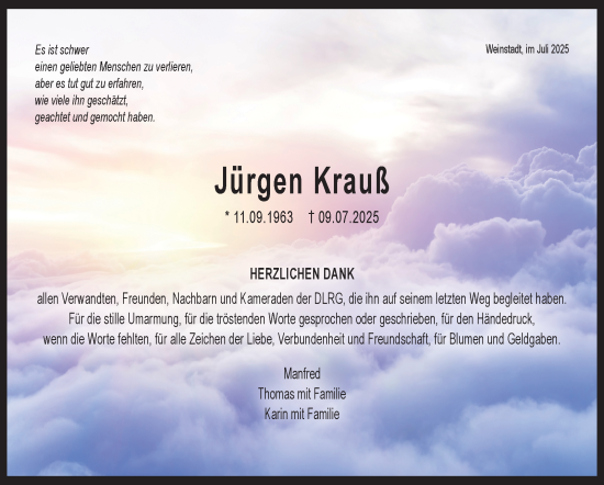 Traueranzeige von Jürgen Krauß von Stuttgarter Zeitung / Stuttgarter Nachrichten