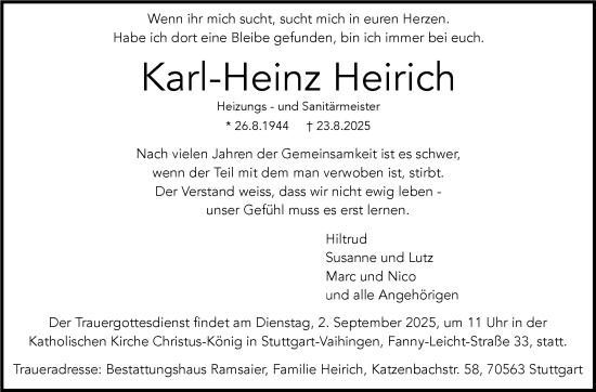 Traueranzeige von Karl-Heinz Heirich von Stuttgarter Zeitung / Stuttgarter Nachrichten