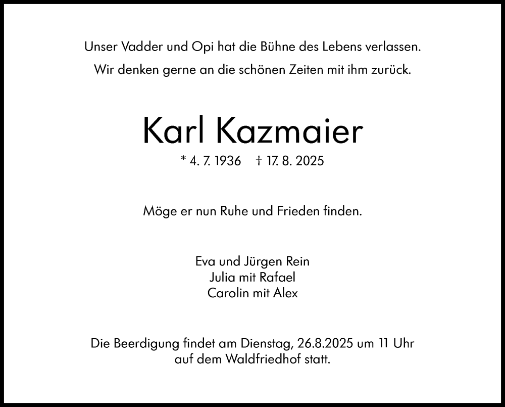  Traueranzeige für Karl Kazmaier vom 23.08.2025 aus Stuttgarter Zeitung / Stuttgarter Nachrichten