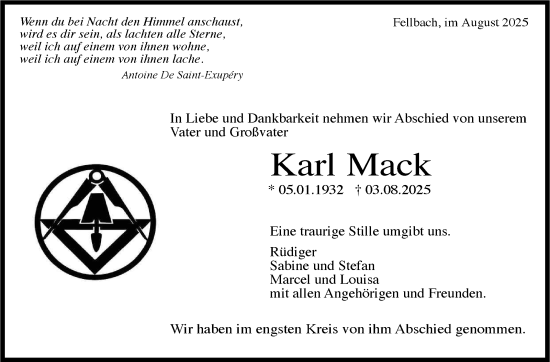 Traueranzeige von Karl Mack von Stuttgarter Zeitung / Stuttgarter Nachrichten