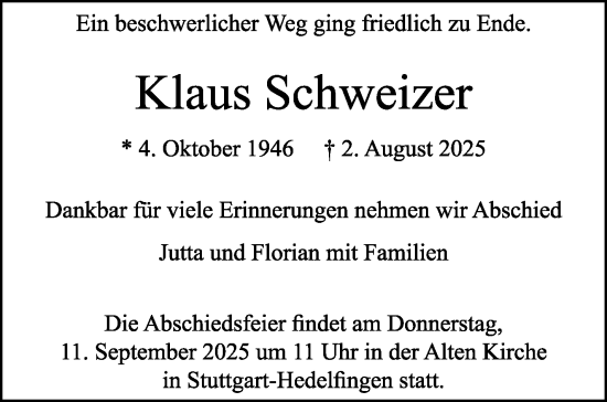 Traueranzeige von Klaus Schweizer von Stuttgarter Zeitung / Stuttgarter Nachrichten