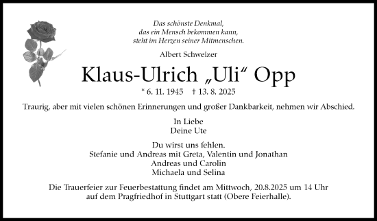 Traueranzeige von Klaus-Ulrich Opp von Stuttgarter Zeitung / Stuttgarter Nachrichten