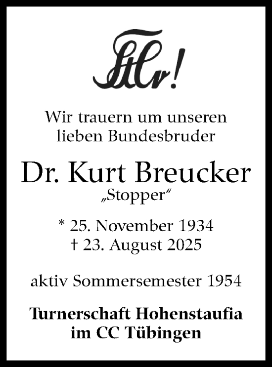 Traueranzeige von Kurt Breucker von Stuttgarter Zeitung / Stuttgarter Nachrichten