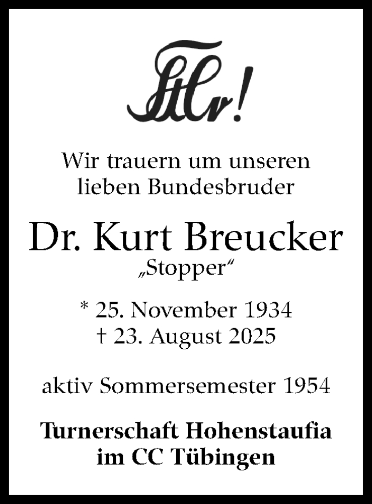  Traueranzeige für Kurt Breucker vom 30.08.2025 aus Stuttgarter Zeitung / Stuttgarter Nachrichten