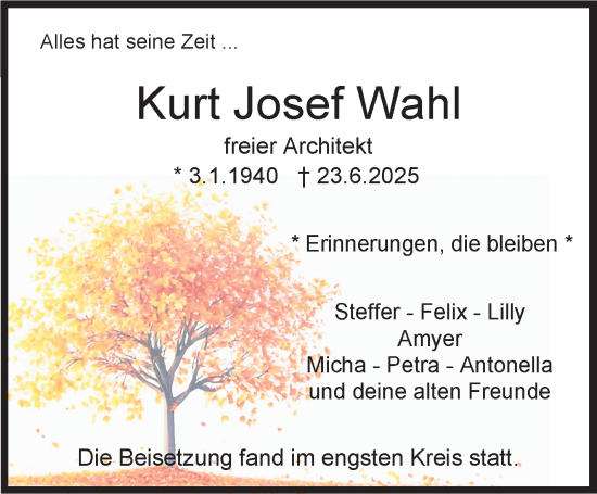 Traueranzeige von Kurt Josef Wahl von Stuttgarter Zeitung / Stuttgarter Nachrichten