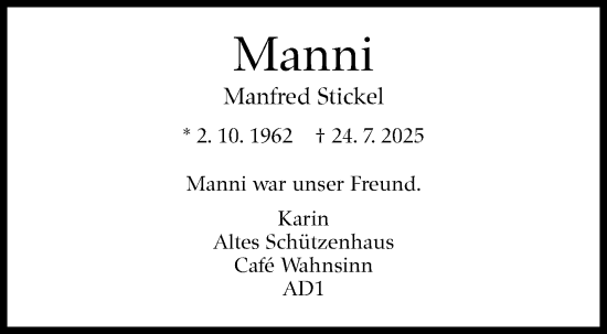 Traueranzeige von Manni Stickel von Stuttgarter Zeitung / Stuttgarter Nachrichten