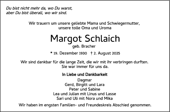 Traueranzeige von Margot Schlaich von Stuttgarter Zeitung / Stuttgarter Nachrichten