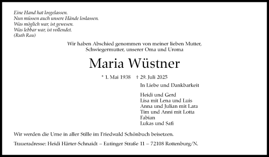 Traueranzeige von Maria Wüstner von Stuttgarter Zeitung / Stuttgarter Nachrichten