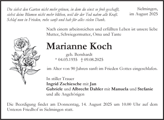 Traueranzeige von Marianne Koch von Stuttgarter Zeitung / Stuttgarter Nachrichten