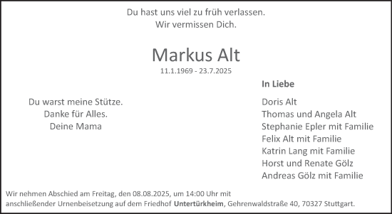 Traueranzeige von Markus Alt von Stuttgarter Zeitung / Stuttgarter Nachrichten