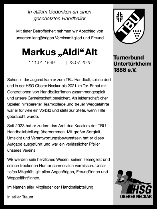 Traueranzeige von Markus Alt von Stuttgarter Zeitung / Stuttgarter Nachrichten