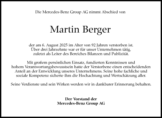 Traueranzeige von Martin Berger von Stuttgarter Zeitung / Stuttgarter Nachrichten