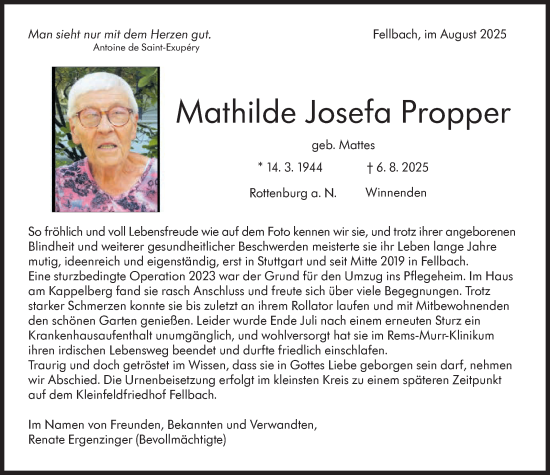 Traueranzeige von Mathilde Josefa Propper von Stuttgarter Zeitung / Stuttgarter Nachrichten