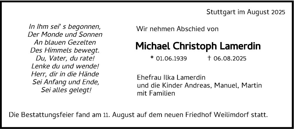  Traueranzeige für Michael Christoph Lamerdin vom 16.08.2025 aus Stuttgarter Zeitung / Stuttgarter Nachrichten