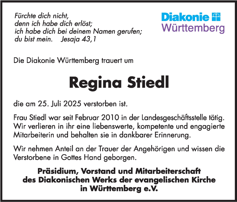  Traueranzeige für Regina Stiedl vom 05.08.2025 aus Stuttgarter Zeitung / Stuttgarter Nachrichten