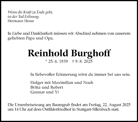 Traueranzeige von Reinhold Burghoff von Stuttgarter Zeitung / Stuttgarter Nachrichten