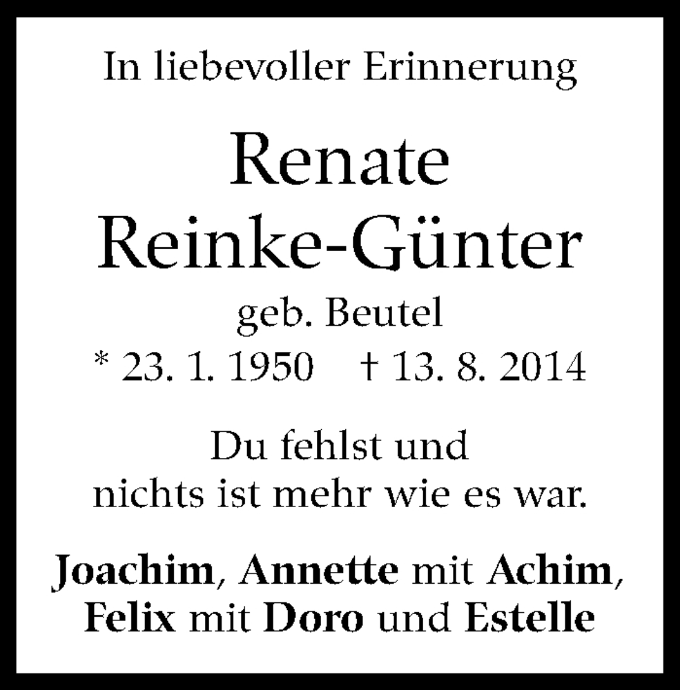  Traueranzeige für Renate Reinke-Günter vom 13.08.2025 aus Stuttgarter Zeitung / Stuttgarter Nachrichten