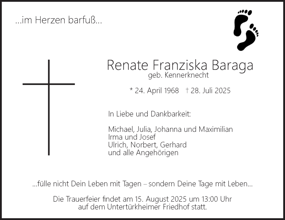  Traueranzeige für Renate Franziska Baraga vom 06.08.2025 aus Stuttgarter Zeitung / Stuttgarter Nachrichten