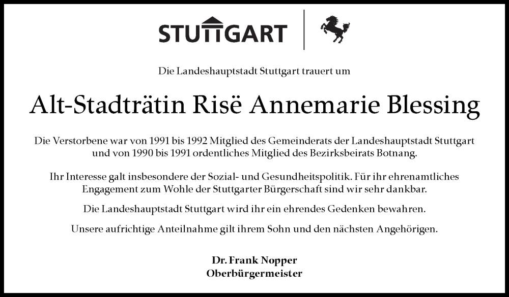  Traueranzeige für Rise Annemarie Blessing vom 12.08.2025 aus Stuttgarter Zeitung / Stuttgarter Nachrichten