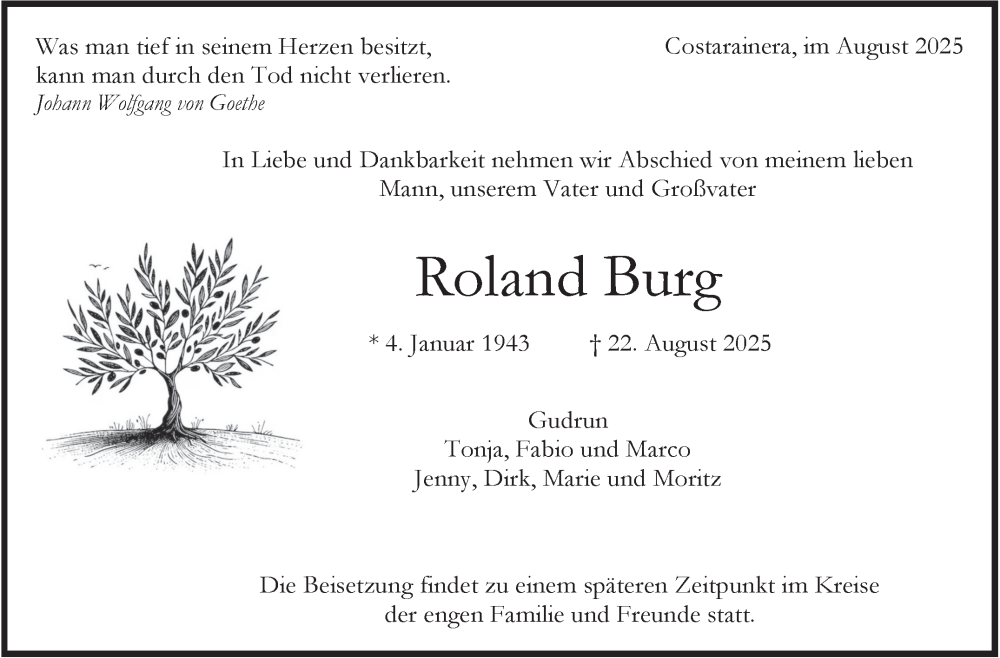  Traueranzeige für Roland Burg vom 28.08.2025 aus Stuttgarter Zeitung / Stuttgarter Nachrichten