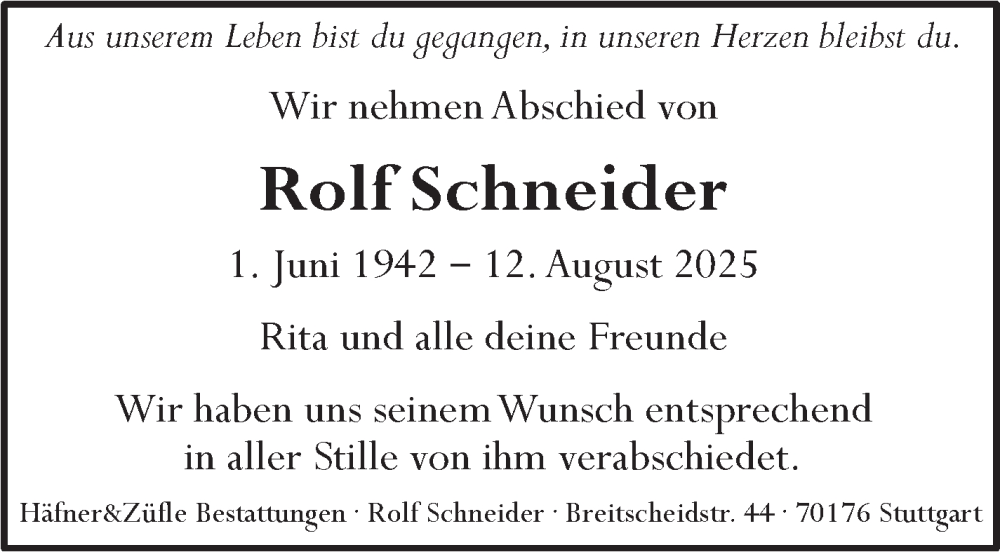  Traueranzeige für Rolf Schneider vom 29.08.2025 aus Stuttgarter Zeitung / Stuttgarter Nachrichten