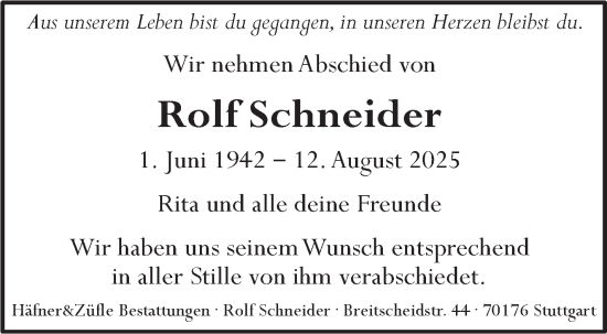 Traueranzeige von Rolf Schneider von Stuttgarter Zeitung / Stuttgarter Nachrichten