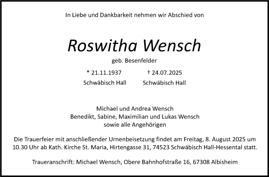 Traueranzeige von Roswitha Wensch von Stuttgarter Zeitung / Stuttgarter Nachrichten