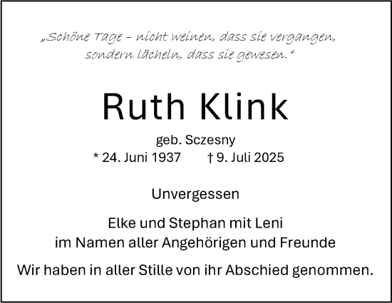 Traueranzeige von Ruth Klink von Stuttgarter Zeitung / Stuttgarter Nachrichten