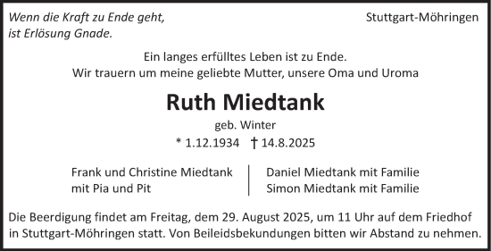 Traueranzeige von Ruth Miedtank von Stuttgarter Zeitung / Stuttgarter Nachrichten