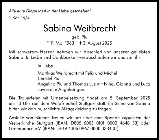 Traueranzeige von Sabina Weitbrecht von Stuttgarter Zeitung / Stuttgarter Nachrichten