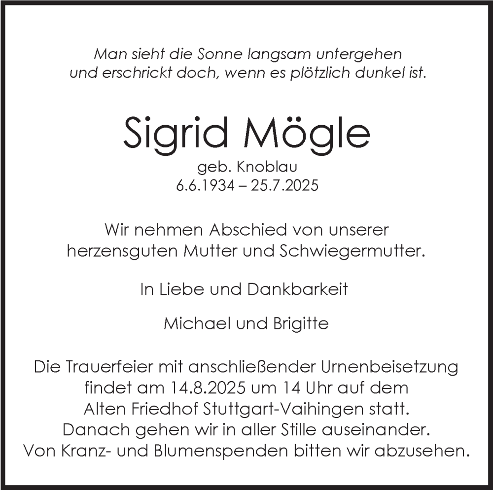  Traueranzeige für Sigrid Mögle vom 09.08.2025 aus Stuttgarter Zeitung / Stuttgarter Nachrichten