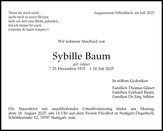 Traueranzeige von Sybille Baum von Stuttgarter Zeitung / Stuttgarter Nachrichten