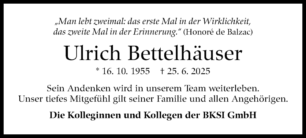  Traueranzeige für Ulrich Bettelhäuser vom 02.08.2025 aus Stuttgarter Zeitung / Stuttgarter Nachrichten