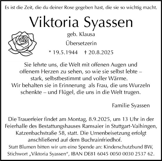 Traueranzeige von Viktoria Syassen von Stuttgarter Zeitung / Stuttgarter Nachrichten