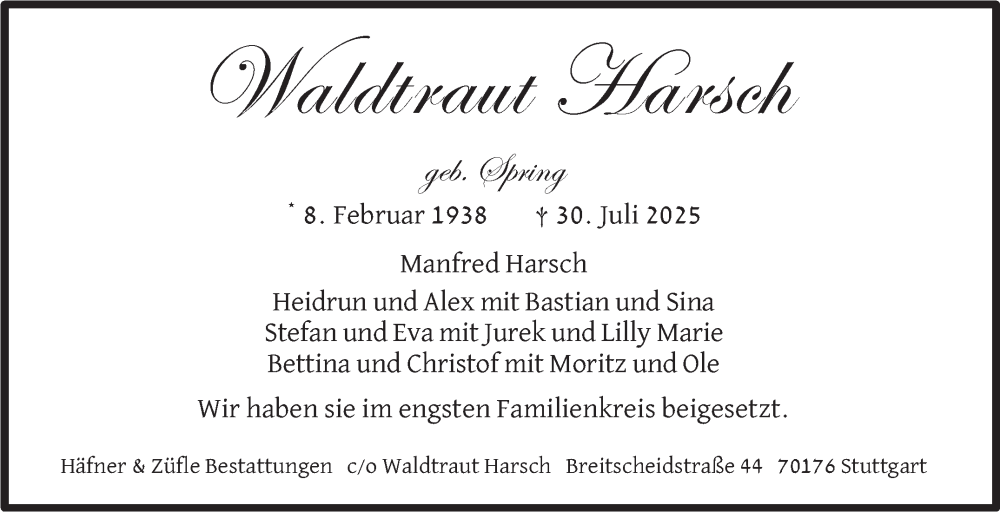  Traueranzeige für Waldtraut Harsch vom 16.08.2025 aus Stuttgarter Zeitung / Stuttgarter Nachrichten