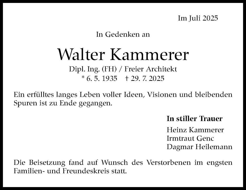  Traueranzeige für Walter Kammerer vom 23.08.2025 aus Stuttgarter Zeitung / Stuttgarter Nachrichten