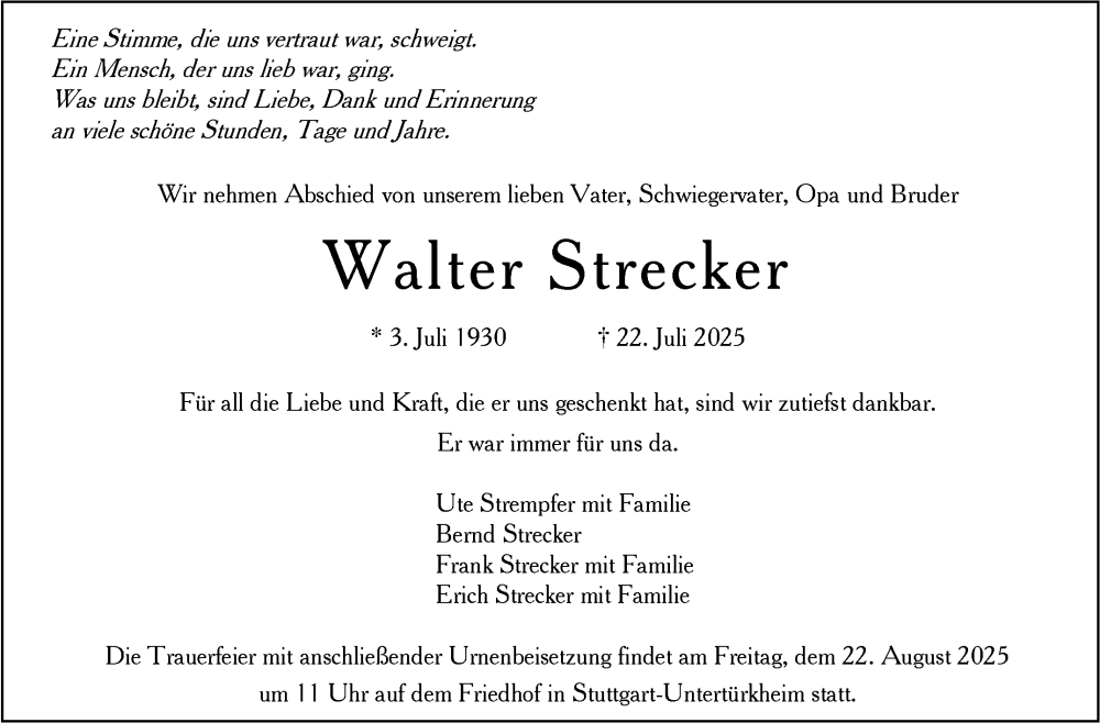  Traueranzeige für Walter Strecker vom 16.08.2025 aus Stuttgarter Zeitung / Stuttgarter Nachrichten
